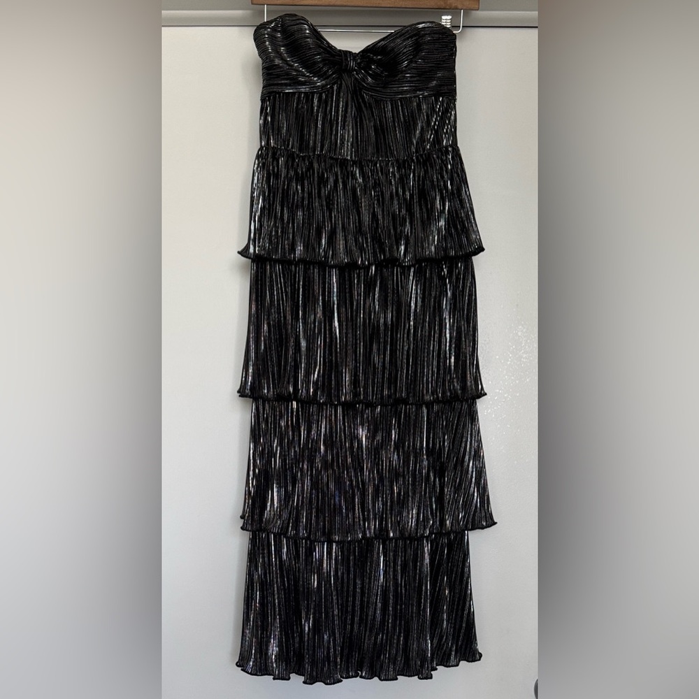 Lovers + Friends Shimmering Black and Silver Maxi Dress think Studio 54